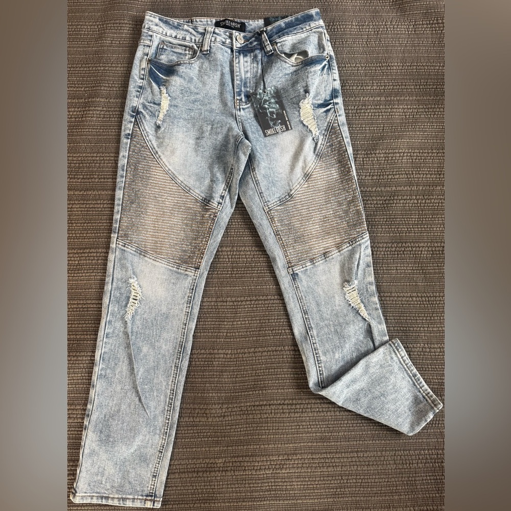 Smoke & Ash Jeans Men’s 30 Blue Acid‎ Wash Biker Skinny Fit Grunge Stretch NWT